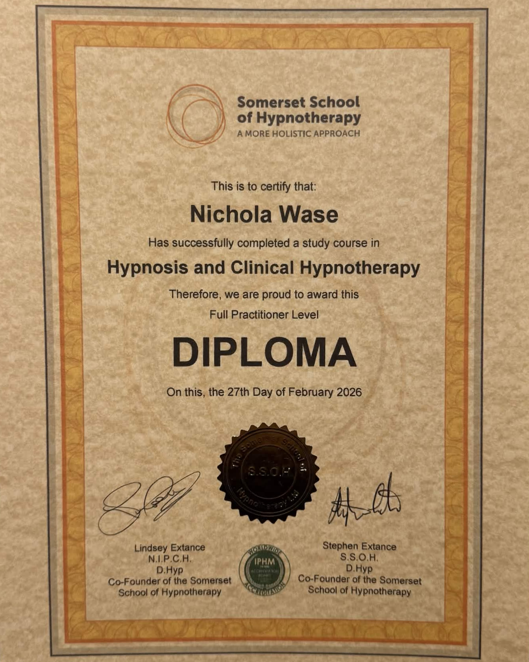 Nikki's Clinical Hypnotherapy Certificate